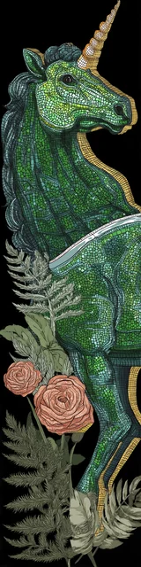 Free dragon bookmark with a unicorn surrounded by green ferns